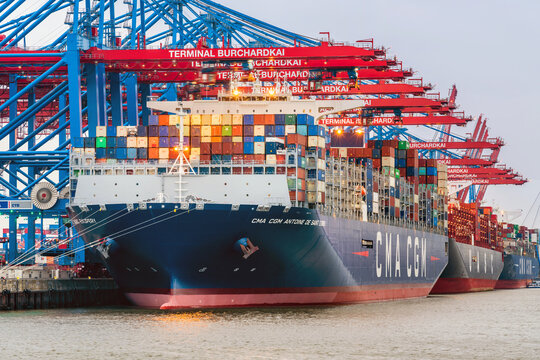 Hamburg, Germany - March 15, 2018: The container ship CMA CGM Antoine de Saint Exupery is unloaded at the terminal Burchardkai (CTB). She is the flagship of CMA CGM and the largest in the port to date