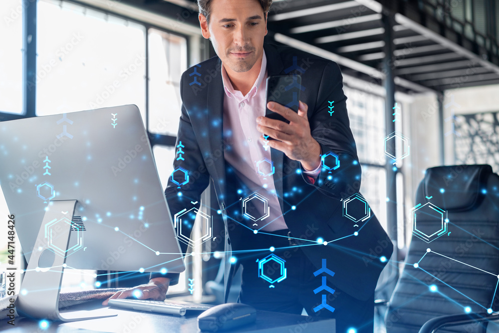 Poster businessman in suit using smart phone to optimize development by implying new technologies in busine