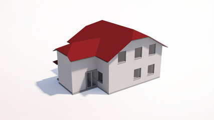 House with red roof on white background. 3d render illustration. Real estate and mortgage concept. Residential building for rent, purchase