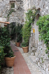 Beautiful medieval stone buildings and streets of the city of Eze in France, French Riviera