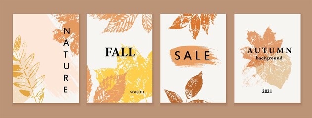 Set of autumn backgrounds, cards, shop banners. Grunge texture colorful leaves. Natural eco design.