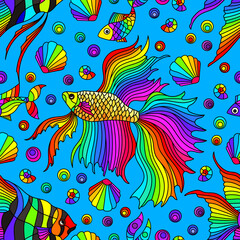 Fototapeta na wymiar Seamless pattern on a marine theme with bright rainbow fish and shells, bright fish on a blue background