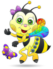 An illustration in the style of a stained glass window with a bright cartoon bee, the animal is isolated on a white background