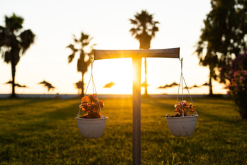 Evening view of the sea with sun loungers