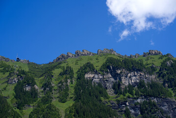 Fototapeta na wymiar Swiss alps landscape scenery seen from mountain village Wengen on a sunny summer day. Photo taken July 20th, 2021, Lauterbrunnen, Switzerland.