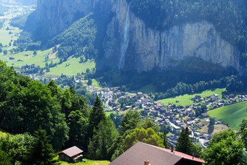 Beautiful Staubbach falls at Bernese Highland, the waterfall drops 297 metres (974 feet) from a...