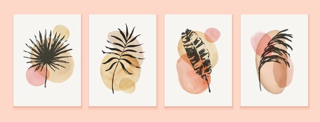 Botanical wall art with hand painted exotic leaves and watercolor texture stains. - obrazy, fototapety, plakaty