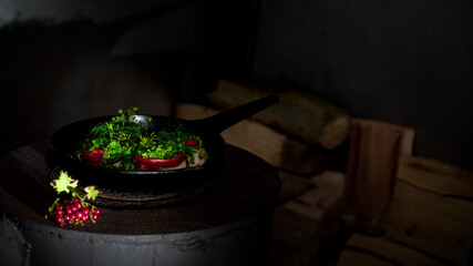 On a dark background, a morning, hot sandwich.Sandwich in the country interior.Knife, cutting board, delicious sandwich.Country sandwich.