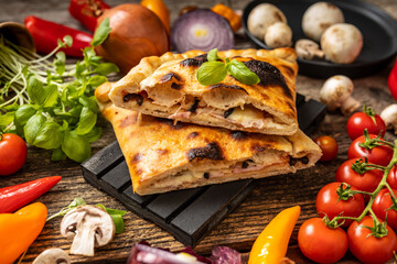 Sliced pizza calzone served on tha black palette