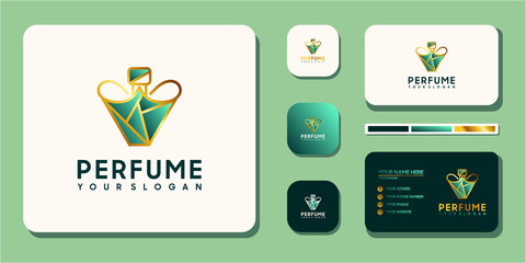 Luxury perfume logo with bottle design and business card template reference