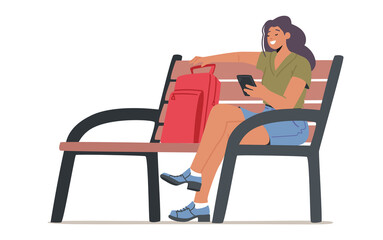 Fototapeta premium Young Woman with Mobile Phone and Backpack Sitting on Bench. Smiling Student Female Character Holding Cellphone