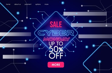 Naklejka premium Cyber Monday bright neon vector banner design with text space. Seasonal sale up to 50 percent off landing page template. Modern luminous advertisement or promotion billboard concept.