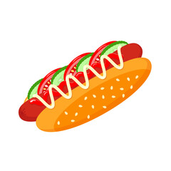 Hot Dog. Bun with sausage and vegetables. Isolated on white background. Vector stock illustration.