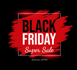 Black Friday marketing card template with text space. Red and black super sale promotional banner design. Special offer for shopping vector neon and luminous advertisement flyer design.