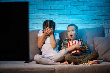 two children with remote control watching TV