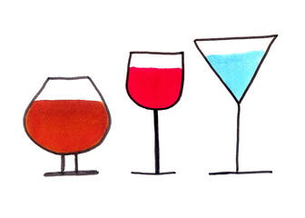 Line glasses set. Outline flat glasses and beverages icons, drink jars, wine, cocktails symbols for logo.