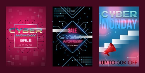 Set of three cyber Monday sale poster concept with text space. Discount banners, seasonal offer vector neon style illustration. Luminous up to 50 percent off advertisement promotion flyer design.