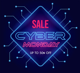 Cyber Monday modern tech vector poster design with text. Seasonal sale up to 50 percent off neon banner template. Modern luminous promotion billboard concept for shopping and marketing.