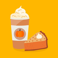 Pumpkin spice latte coffee cup with sweet slice pie. Seasonal hot drink isolated on yellow background. Illustration for autumn menu or greeting cards.