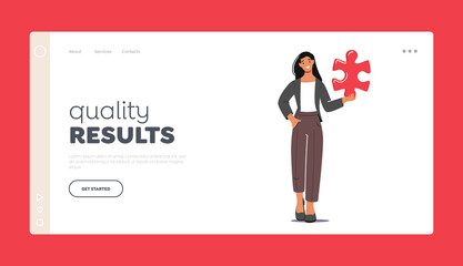 Quality Results Landing Page Template. Young Woman Character Hold Huge Puzzle Piece. Teamwork Cooperation, Solution