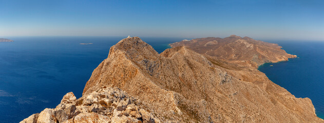 Panoramic view from the top of the mountain on Greek island Anafi in Cyclades, Greece