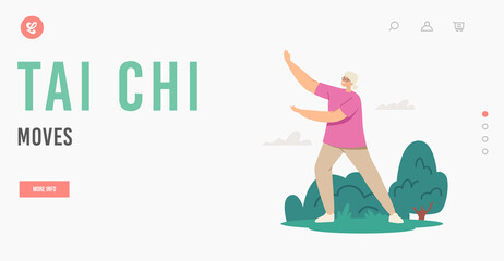 Tai Chi Moves for Elderly People Landing Page Template. Senior Female Character Exercising for Healthy Body Flexibility - obrazy, fototapety, plakaty