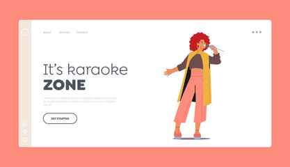 Karaoke Zone Landing Page Template. Woman on Stage Holding Microphone Singing Song at Karaoke Bar or Night Club