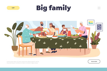 Big family dinner together concept of landing page with happy parents, kid and grandparents have festive meal