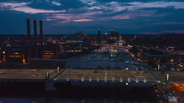 Highway Hyperlapse Drone Aerial, Cloudy Sunset Into Night, Downtown Providence, Rhode Island