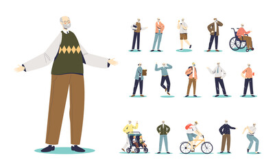 Set of cartoon senior man grandfather happy smiling different lifestyle situations and poses - obrazy, fototapety, plakaty