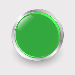 Round green button with lens flare effect and chrome border. Green and silver colors. Vector illustration.