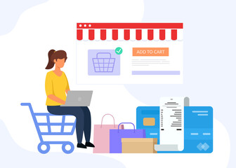 Fototapeta na wymiar Vector illustration of Online Shopping. Woman shop at an online store sitting on shopping cart. Vector illustration. Modern flat design concept.
