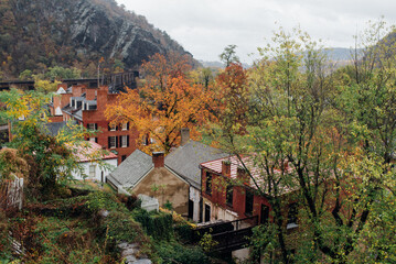 Landscape View of Quaint Town on a Rainy Autumn/Fall Day in Harpers Ferry National Historic Park near Appalachian Trail in West Virginia