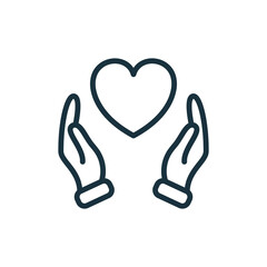 Hands Holding Love Heart. Care, Save, Charity, Volunteering and Donate Concept. Symbol of Goodness, Love, Hope and Mercy. Symbol of Love and Charity. Editable stroke. Vector illustration