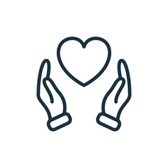 Hands Holding Love Heart. Care, Save, Charity, Volunteering and Donate Concept. Symbol of Goodness, Love, Hope and Mercy. Symbol of Love and Charity. Editable stroke. Vector illustration