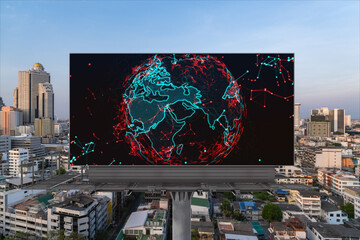 Glowing hologram of Earth planet map on billboard over aerial panoramic cityscape of Bangkok at sunset. The concept of international business in Southeast Asia.