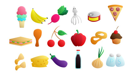 Set of 15 icons of items of delicious food and snacks for a cafe bar restaurant on a white background: ice cream, vegetables, fruits, seafood, baked goods