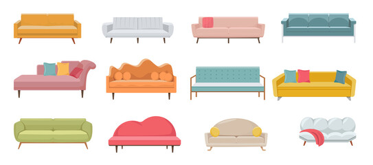 Set of Comfortable Modern Sofa or Couch, Classic or Vintage Lounges with Leather or Fabric Upholstery and Soft Pillows