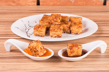 tapioca dice on wooden background