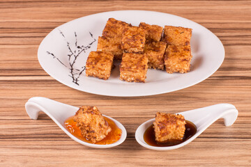 tapioca dice on wooden background