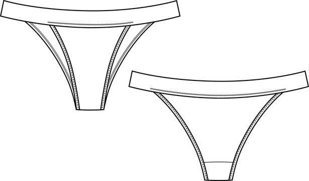 Tanga brief panty lingerie technical illustration. Editable underwear flat fashion sketch