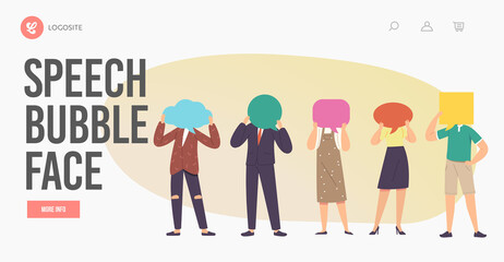 Communication Landing Page Template. Characters with Speech Bubbles Faces. Young Men and Women Chatting, Communicate
