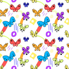 Psychedelic surreal butterflies. Vector seamless pattern. Butterfly faces with eyes on the wings. Bright unusual pattern. Fabric, wrapping paper, wallpaper.