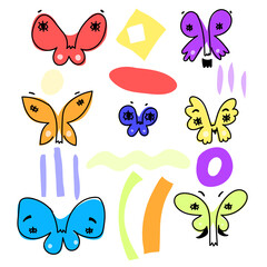 Psychedelic surreal butterflies. Butterfly faces with eyes on the wings. A bright set of unusual insects. Vector illustration.