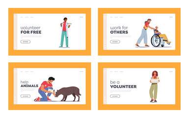 Volunteering Landing Page Template Set. Characters Help Disabled Seniors, Feeding Homeless Dogs, Delivery Grocery