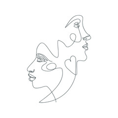 Continuous line art drawing of two face. People sketch. Valentines day greeting card. Modern art. Minimalism. Vector illustration.