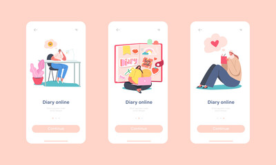 Online Diary Mobile App Page Onboard Screen Template. Tiny Female Characters at Huge Diary Writing Notes, Planning Deals