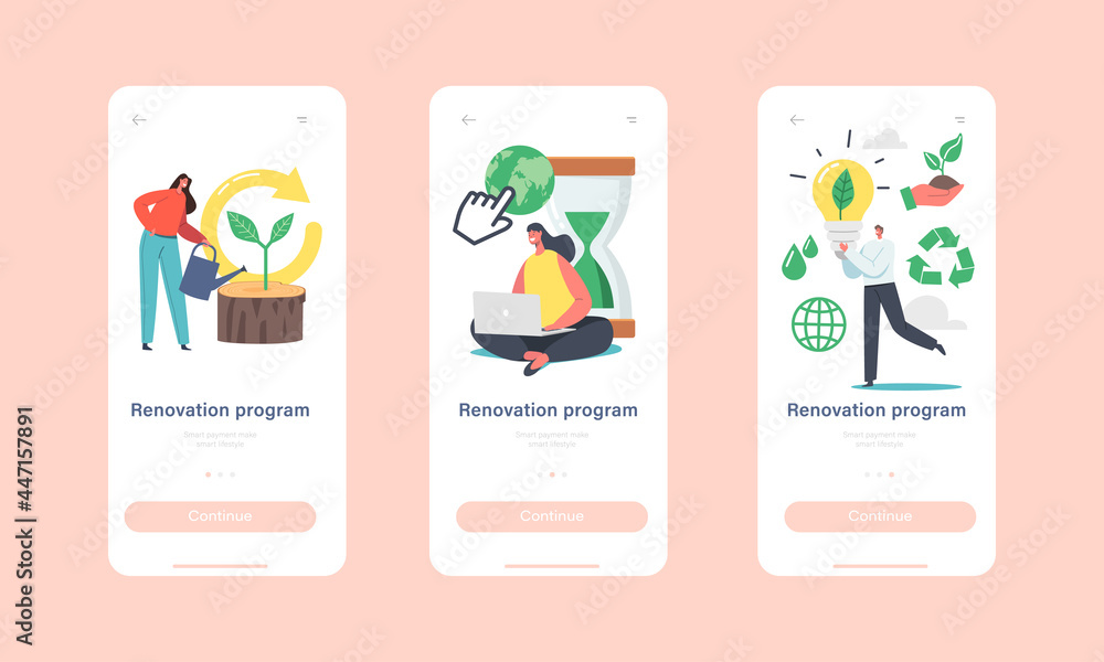 Poster renovation program mobile app page onboard screen template. characters use gadgets, planting trees, 