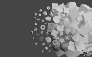 Black and white 3D illustration of abstract geometric shapes