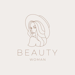 beautiful woman with summer hat. beauty, feminine line art logo design vector